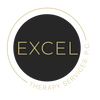 Logo for Excel Therapy Services with a black circle and gold text on a white background