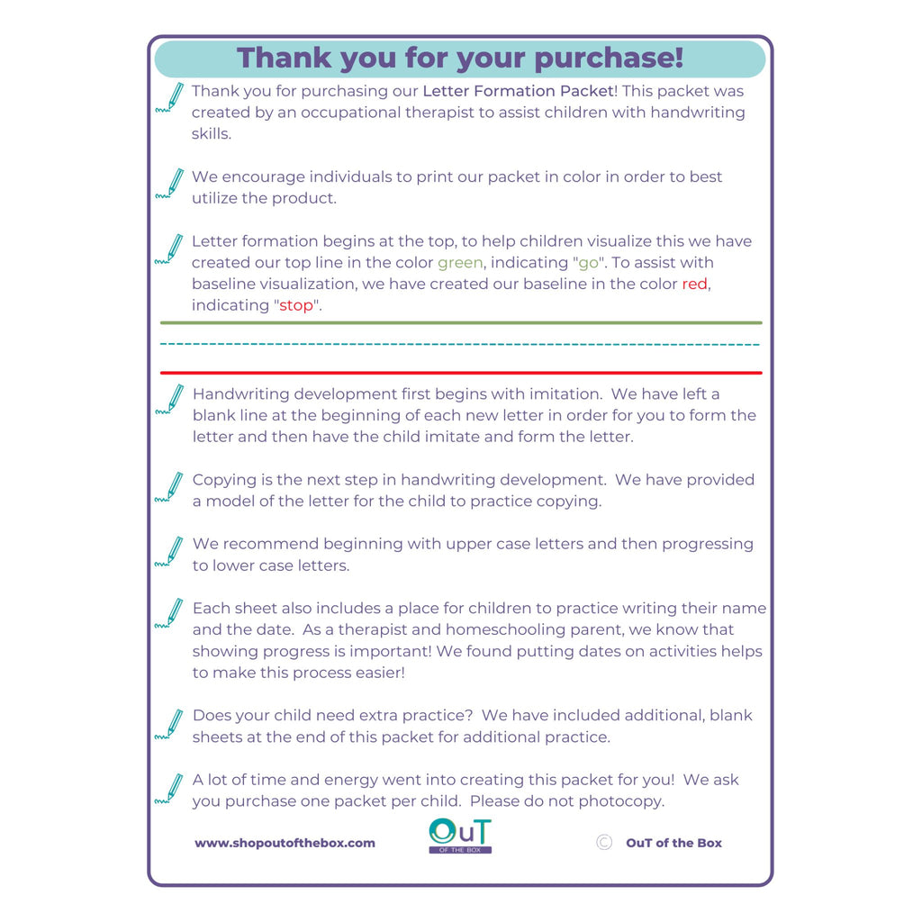 Informational text about a letter formation packet for children with handwriting skills, created by an occupational therapist.
