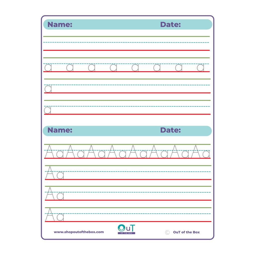 Handwriting practice sheet with letter tracing and colored lines on a white background.