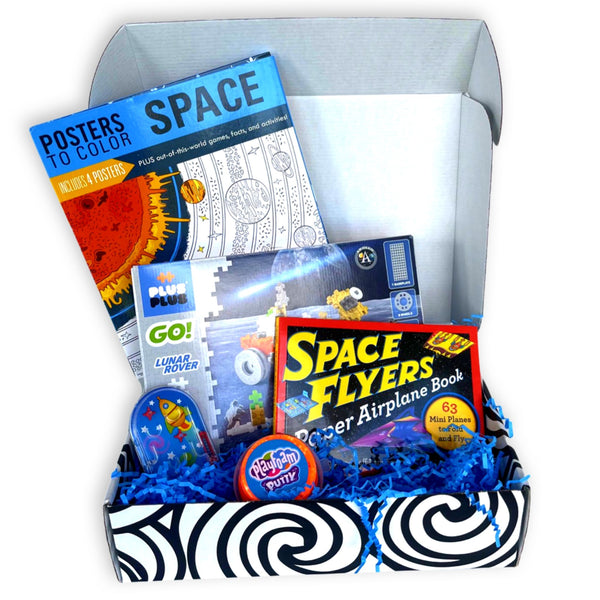 OuT of the Box educational occupational therapy activity set in a space theme with books and materials on a white background.