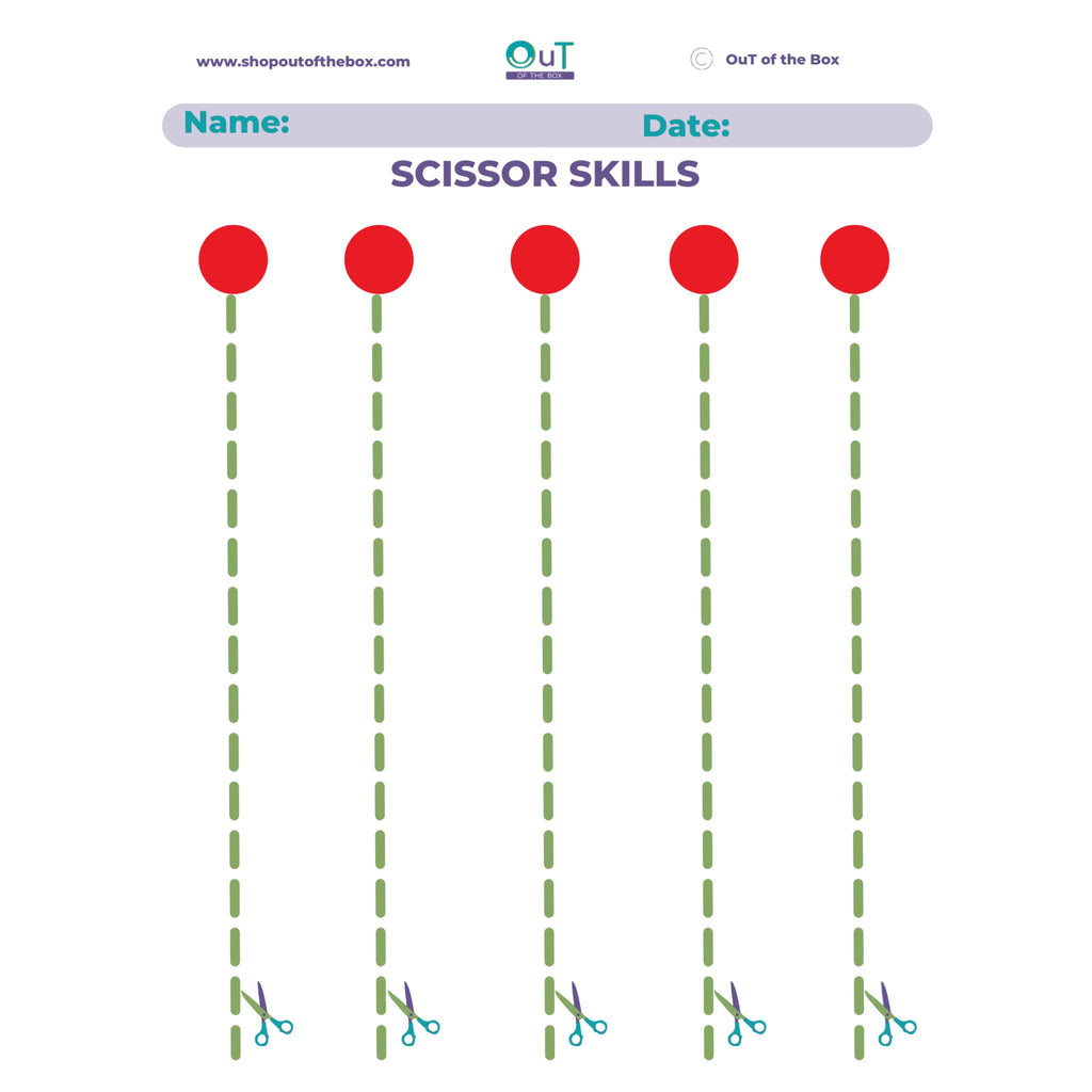 Scissor skills practice sheet with red circles and scissors at the bottom