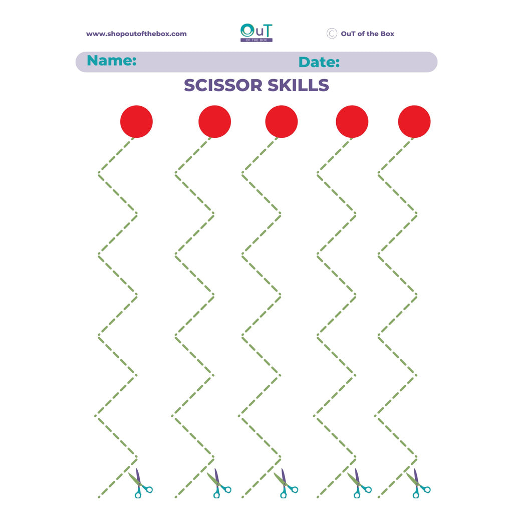 Scissor skills worksheet with red dots and scissors at the bottom