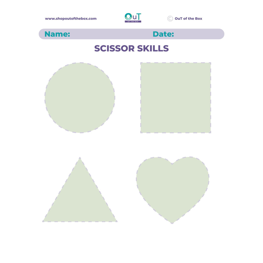 Scissor skills worksheet with shapes on a white background