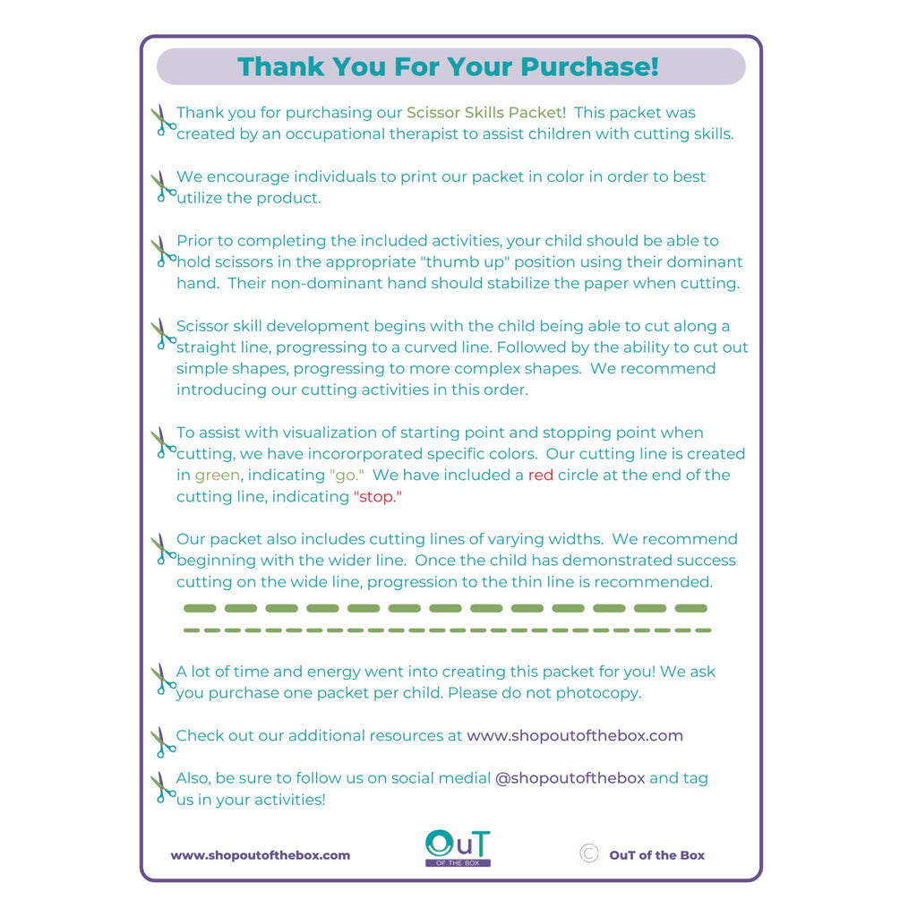 Instructional sheet for a Scissor Skills Packet with text and branding on a white background