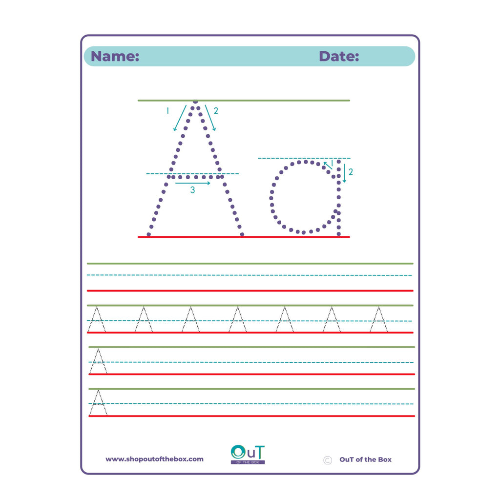Preschool worksheet with letter tracing and number practice on a white background