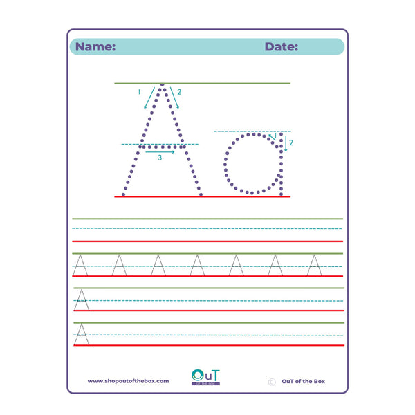 Preschool worksheet with letter tracing and number practice on a white background
